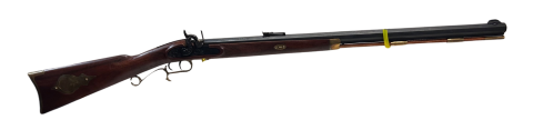 Hawken .45 calibre percussion rifle with brass-tipped ramrod. Walnut stock, brass furniture, blued barrel and lock. Rifle unfired Accessories included: 1 x blac