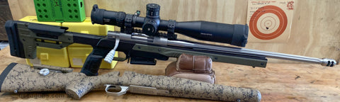 6mm creedmoor with Swan custom 1 in 7 twist barrel with muzzle brake. Timney Trigger. MDT mounts. Extra HS precision stock that‚Äö√Ñ√¥s glass bedded with custom