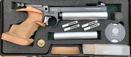 Steyr LP 50 compact semi auto air pistol with large Rink grip. Includes four 5 shot magazines (can also be used as single shot), fill adapter, tool kit, test ta