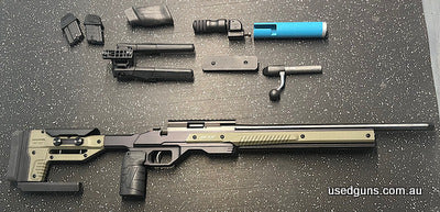 Tikka T1X in Oryx chassis, sterk swept bolt handle, half and full length ARCA rail, Picatinny rail, rear bag rider, rear picatinny rail and accu shot mono pod, 