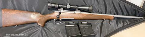 Sauer 100 .308 comes with 2 additonal 10 shot mamba mags. Had very little use. Couple of light scratches on timber from storage. Crisp light adjustable trigger,