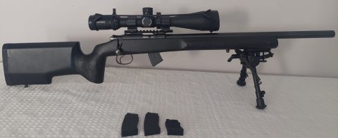 Comment: CZ455 Precision trainer in a Manners stock, mounting a Nightforce SHV 4-14 F1 with MIL-R reticle. 3x 10 round and 1x 5 round magazines. Vortex bubble l