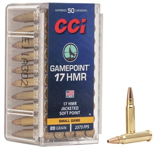 CCI
C52
GAME POINT
17HMR, 20GR, SOFT POINT
AMMUNITION
2375 FPS

$36.90 /PER 50
$313.65 /PER 500