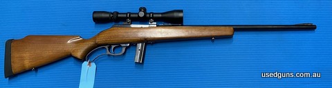 Good condition Marlin 56 lever repeater in 22LR. Has a steel receiver. Great quick cyclic action. Has a 10 round magazine. Mounted is a Burris 3-9x40 scope.