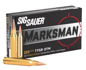 SIG SAUER
E223M1-20
MARKSMAN
223REM, 77GR, OTM
MATCH GRADE 
AMMUNITION

$56.90 /PER 20
$495 /PER 200