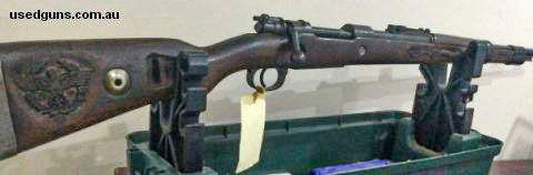1943 built BNZ mod 98 Mauser. Eagle insignia stamped on receiver. Stock engraved with insignia and arsenal rack number 9739 Serial number on bolt and receiver n