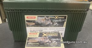 Norma 222Rem 55gr Vermin Extreme Hollow Point 100 round bulk pack. Great value Swedish ammunition.