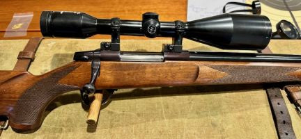 Scarce varmint Model A11 in 220 Swift with single set trigger. Shot very little with VG+ bore and near 100% blue. Wood has minor bumps.Scope and mounts not incl