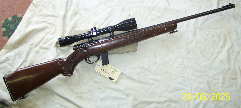 STIRLING MODEL 14 LR. 10 ROUND MAGAZINE, SLING SADDLES, ASD SCOPE 4 X 40MM. GOOD CONDITION, VERY RELIABLE BRAND OF RIFLE. BUYER PAYS FREIGHT. PRICE HAS BEEN RED