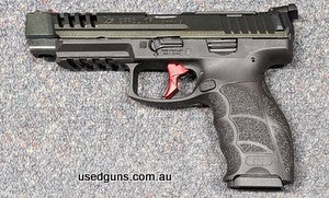 A Heckler & Koch SFP9L OR in 9mm in very good condition with a dark green slide. This pistol is fitted with a LOBOS Industries VF9 Type 1 Gen 2 trigger and a LP