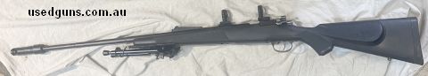 K98 model 50, sporterised with a nice polymer stock, fitted with rings for your choice of scope.  old style compensator but works very well, inc. bipod, A great