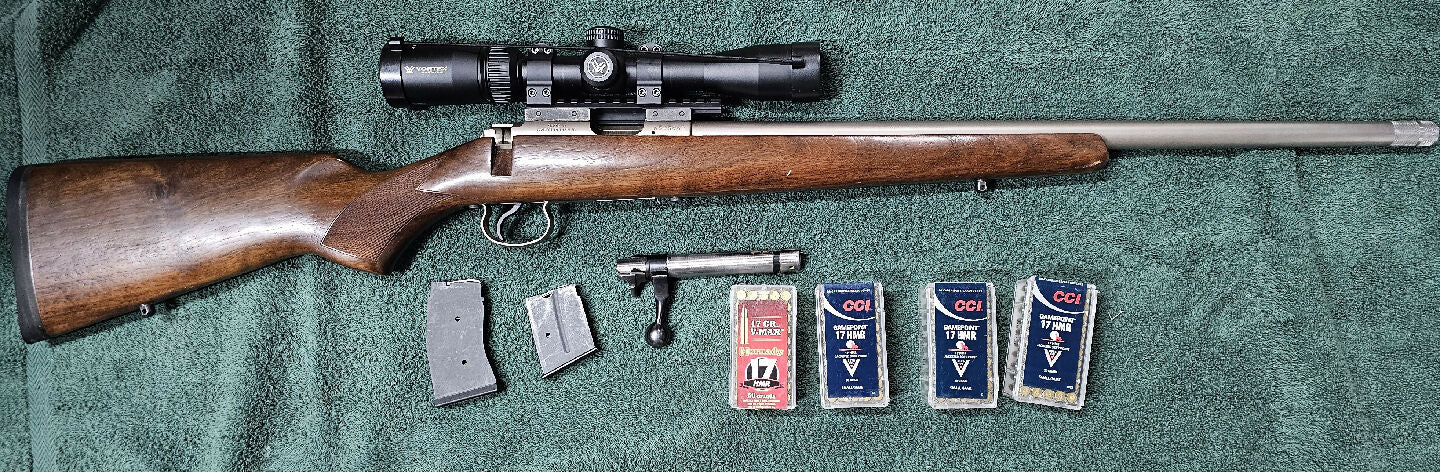 17 Hmr. Bedded,floated and threaded. Comes with 4 boxes of ammo (to be picked up), 1x5 shot steel magazine, 1x10 shot polymer magazine. Buyer to pay post. ONO