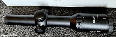 Kahles Helia 5 1-5x24 with illuminated 4a reticle. In excellent condition and complete with box and lens covers. Outstanding big game or brush scope.