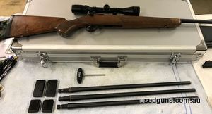 Sako quad 4 barrel hunter set in original aluminium case with 2 x 5 shot mags and 2 x 10 shot mags. Factory swivels, locks etc. Comes with Bushnell Elite 3500 s