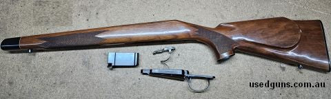 Rem 700 SA stock, usual dings but not bad condition, has had barrel channel opened up to suit varmint profile barrel, comes with all bottom metal