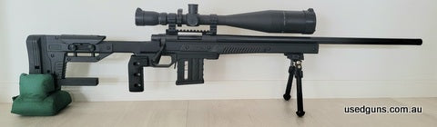 Howa 1500 308, 26 inch varmint barrel, threaded muzzle. 1:10 twist, 20moa rail. Lightened trigger, oryx chassis, vertical grip. Adjustable cheek screws, green a
