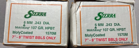 Over 800 x Sierra 6mm 107gr Matchking HPBT Moly Coated projectiles. One full 500 pack and one 3/4 pack. $15 post Australia Wide.