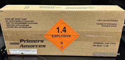 Unopened box. 5000 small pistol primers.. No will not open box to take pic. Pick up or arrange freight. Maryborough Qld