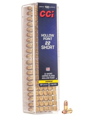 CCI
C28
22 SHORT HV
27GR COPPER PLATED HOLLOW POINT
1105 FPS

$28.90 /PER 100
$130.05 /PER 500