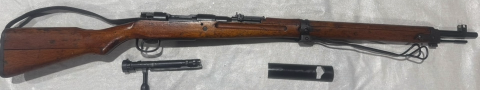 Arisaka 7.7 Type 99 Complete with Sling, cleaning rod, monopod, dust cover, anti aircraft sights. The chrysanthemum is intact and has matching bolt. Note: the b