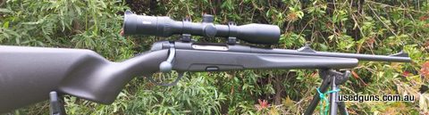Mountain version of the Pro Hunter in 9.3x 62. 20 inch barrel, open sights plus 2 piece cross slot bases. Large round bolt handle. 2 stage trigger. Spare magazi