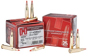 HORNADY 
83005
SUPER PERFORMANCE
17 HORNET AMMUNITION
20GR VMAX BALLISTIC TIP
3650 FPS

$49.90 /PER 25
$415 /PER 250