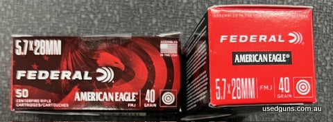In stock for immediate pick up. Federal American Eagle 5.7x28 ammo in 40gr FMJ. $105 per 50 pack. 10% off 10 boxes or more. In store pick up only.