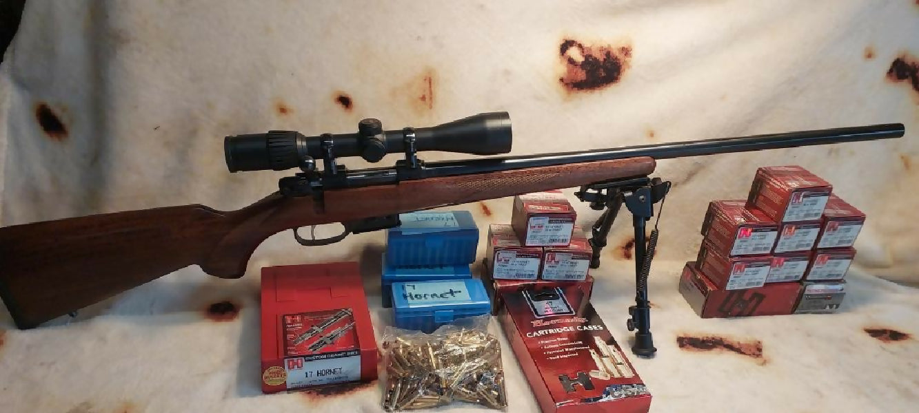 Cz 527 , 17 Hornet, Harris bipod, Hornady reloading dies , 250 factory rounds , 425 once fired cases , 3 x plastic ammo boxes , 3x10x40 Weaver Scope with rings.