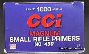 10 packs only. Available now for pick-up only. CCI 450 Small Rifle Magnum primers.