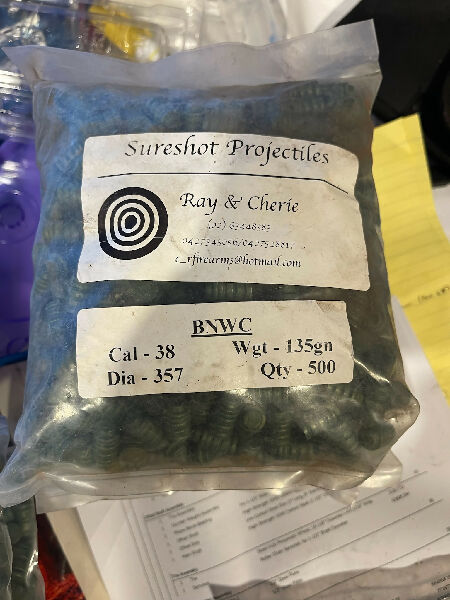 Sure Shot Projectiles all 357cal several bags of 500 x 135grn button nosed wadcutters 3 bags avail