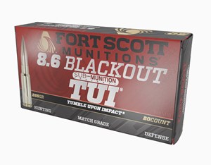 FORT SCOTT
MUNITIONS
8.6 BLACK OUT 
285GR, SCS, TUI
SUBSONIC 
AMMUNITION

$119 /PER 20