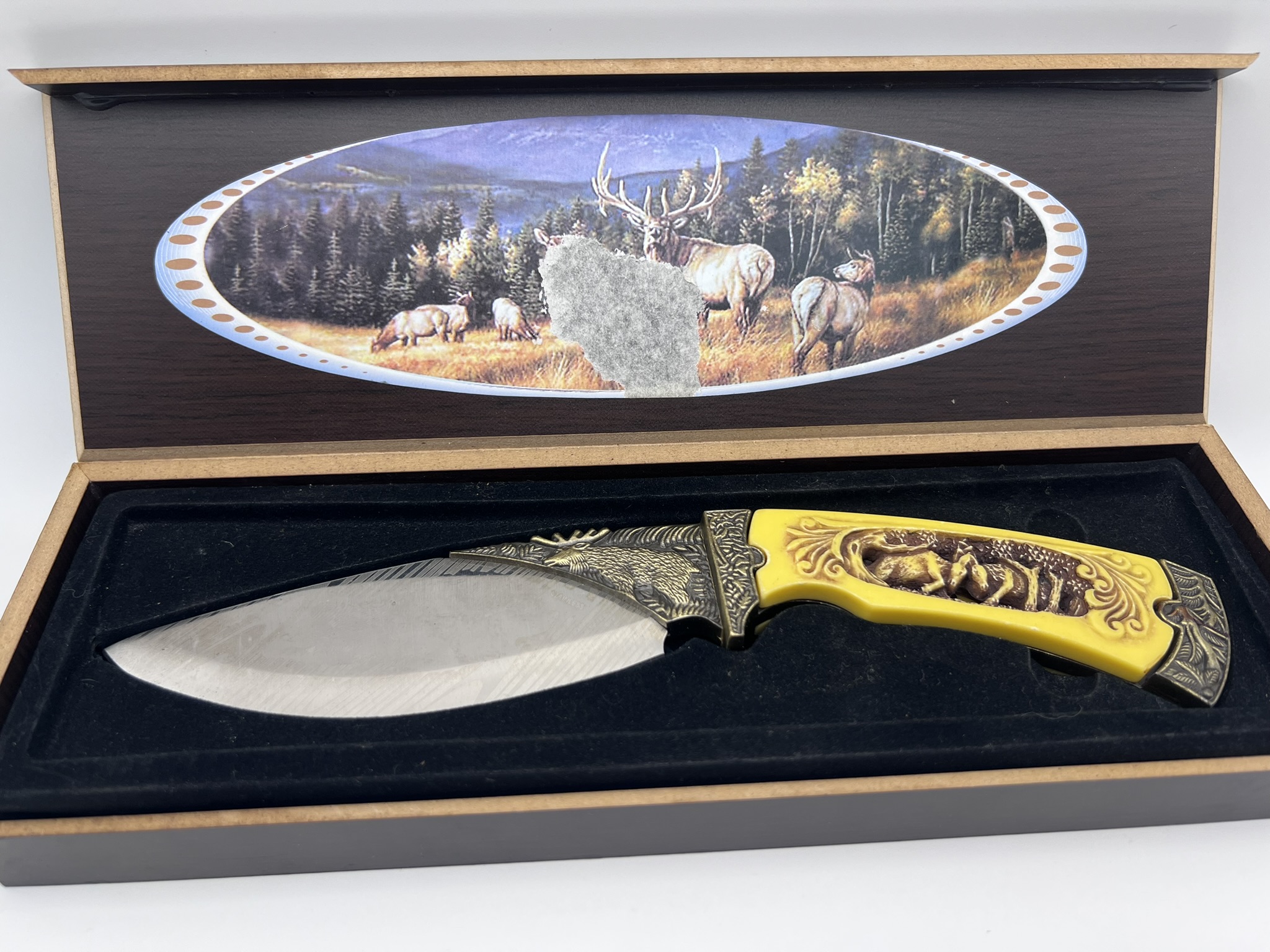 Carved Elk Collectors Edition Knife With Etched Blade in Box