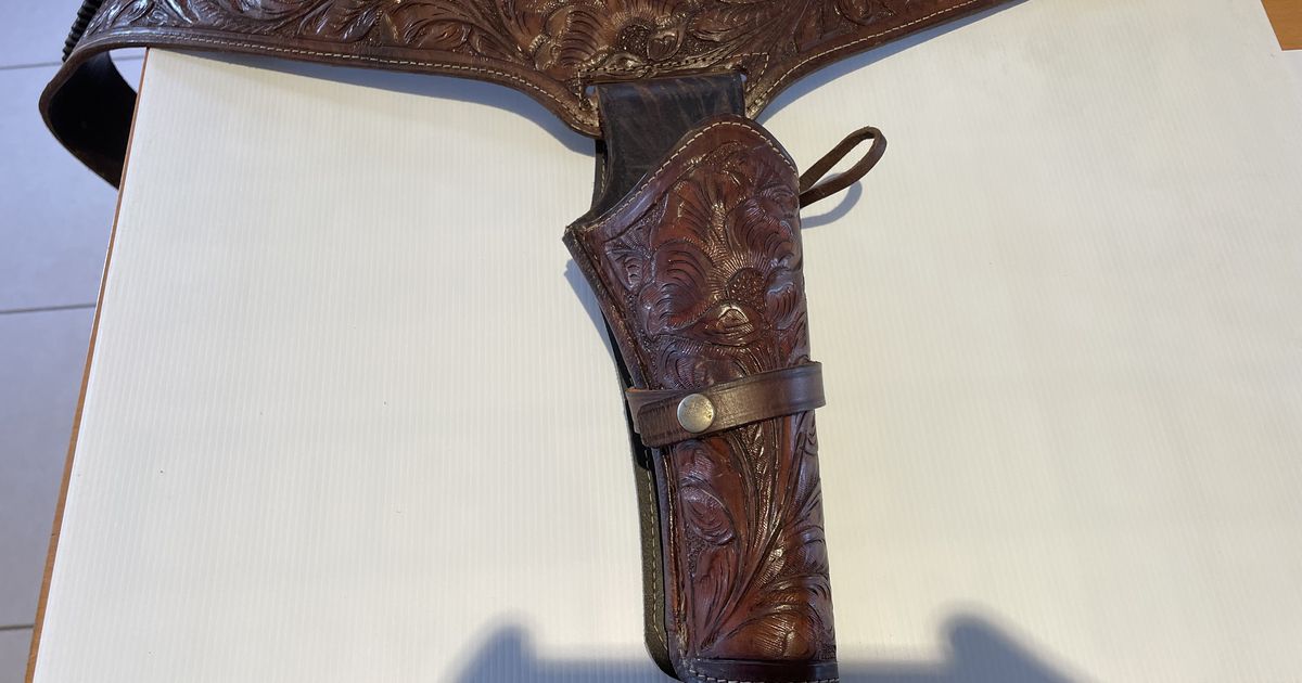 CARVED BELT & HOLSTER, and 2 BELTS