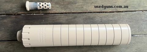 Shawmac Industries .30 cal suppressor. 9 baffle. Comes with 1 x 5/8x24 muzzle brake. 50mm OD and 260mm long. Cerakote tan finish. I have used this on both 223 a