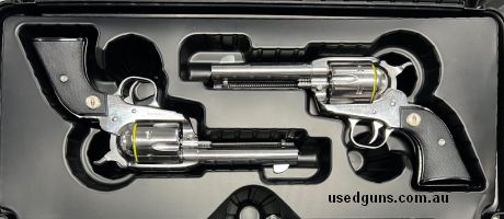 One set only. In store for immediate delivery. Ruger SASS Vaquero Pair in 357 Magnum. 4 5/8" Barrels. Stainless. Comes Cased. $30 freight to your dealer Austral