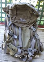 As new, completely unmarked Ranger Green K3 4800 with dry bag liner, two hip belt pouches plus one ammo carrier to suit pouches, rifle carrier, accessory straps