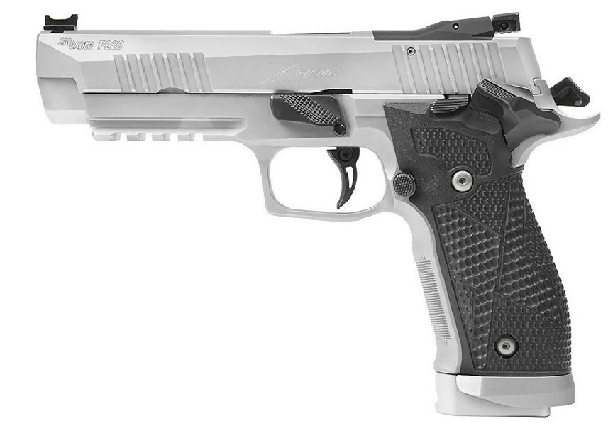 SIG SAUER , 5 INCH STAINLESS STEEL BULL BARREL , MADE IN AMERICA.FIBRE OPTIC FRONT SIGHT AND AND ADJUSTABLE REAR SIGHT SIGHT , S/ACTION, AMBI SAFETY.