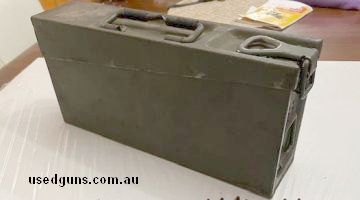 Beautiful original MG34 ammo tin. Clearly dated 1941 (pre MG42 production). Still returns leather supports on carry handles. Retains a lot of original field gre