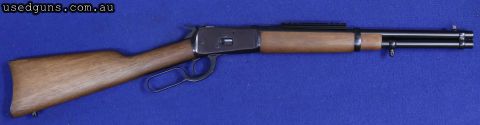 Timber stock, blue barrel, 7 shot lever action, weaver rail fitted to barrel for aimpiont sight