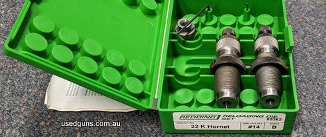 A set of Redding 22 K Hornet reloading dies in good condition. This set has two dies: a neck die and a seating die. The dies are in good condition just have a l