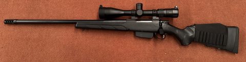 Tikka T3 Varmint LH in 7mm Rem Mag, has a T3 Terminator muzzle brake installed also an Atlas Workz bolt handle and bolt shroud.