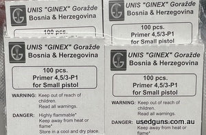 High quality European GINEX small pistol primers available now in limited numbers. Be quick, last delivery sold out in 2 days. $199 per 1000 or $22 per 100. In 