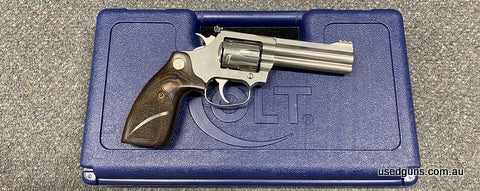 Excellent condition Colt King Cobra in 357 Mag. As new condition. Features dark wood grips, comes cased. Trigger sharp, hammer crisp. Feels great. $30 freight t