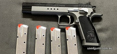 Like new in box Tanfoglio Gold Match Extreme chambered in 9mm. Comes with 4 magazines, extended baseplates, 152mm barrel and an extended beavertail grip. One of