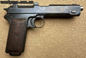 Nice old Steyr Hahn pistol. Loaded via stripper clips rather than magazines. Club legal. Good condition for age. Nice deep bluing. Some pitting under bluing. OK