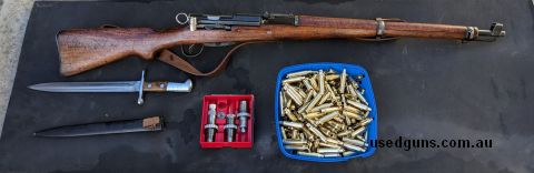 Swiss k31 in great condition. Has bayonet, Barrel is 9/10 not being used. Has Lee dies reproduction sling and 400x 500 once fired brass.