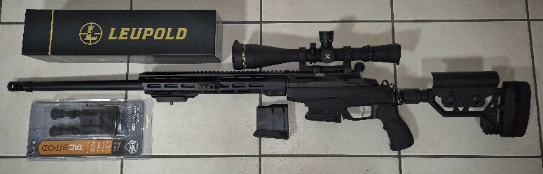 Fitted with 26" Maddco Heavy Contour Barrel. Badger Ordanace Alloy unimout. Badger Ordnance Muzzle break. Leupold VX3i LRP 8.5-25x50. Flip caps. 2 bags. Folding