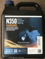Unopened 4 pound container of VihtaVuori N350 pistol powder. Very flexible and versatile powder that works well in a wide range of cartridges, loading data is a