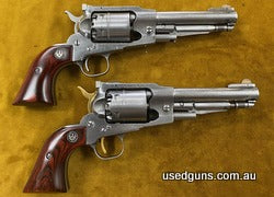 Pair Ruger Old Army 5.5 inch stainless steel 44 BP Revolvers fitted with fixed sights. Shortened for Cowboy Action main match