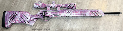 Steyr RFR chambered in 17HMR, rifle only has approx 200 rounds through it. Custom paint job covering stock and scope. Also comes with hard case and 2 x 10 round